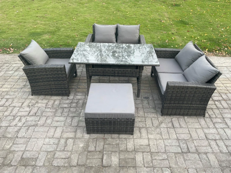 Image of Fimous 6 Seater Wicker Rattan Garden Dining Set Outdoor Furniture Sofa with Dining Table Double Seat Sofa Big Footstool Dark Grey Mixed Dark Grey Unis