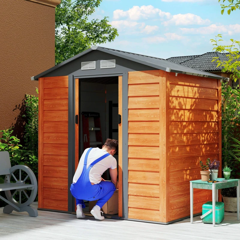 Image of Outsunny 6.5X5.2ft Garden Shed Wood Effect Tool Storage Sliding Door Wood Grain