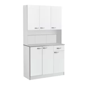 Image of HOMCOM 4-Door Wooden Multi Storage Kitchen Cabinet Cupboard Shelf Organizer Microwave Cart Display-White