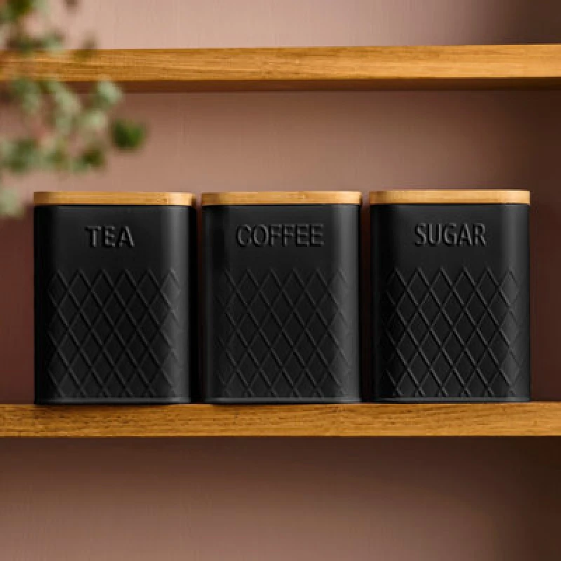 Image of Cooks Professional 3 Piece Kitchen Storage Square with Bamboo Lids Tea Coffee Sugar Black