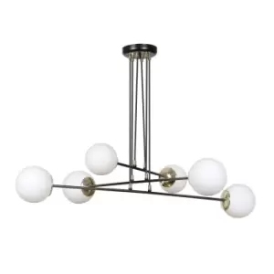 Image of Ognis Black Globe Multi Arm Pendant Ceiling Light with White Glass Shades, 6x E27