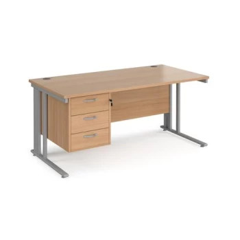 Image of Office Desk Rectangular Desk 1600mm With Pedestal Beech Top With Silver Frame 800mm Depth Maestro 25 MCM16P3SB