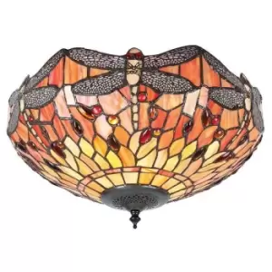 image of Interiors Dragonfly Flame - 2 Light Medium Ceiling Flush Light Dark Bronze, Yellow, Tiffany Style Glass, E27