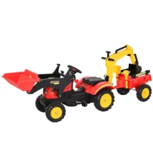 image of Homcom Ride on Pedal Frontloader Tractor with Trailer and Rear Excavator