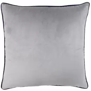 image of Riva Paoletti Meridian Faux Velvet Piped Cushion Cover, Silver/Navy, 55 x 55 Cm