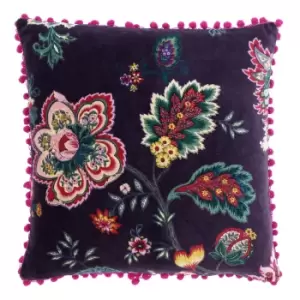 image of Paoletti Palampur Floral Velvet Cushion Damson (Purple)