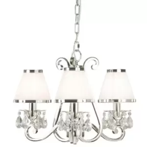 image of Esher Ceiling Pendant Chandelier Nickel Crystal & White Shades 3 Lamp Light