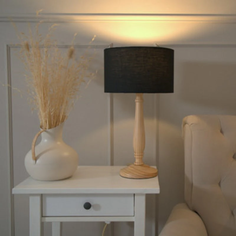 Image of ValueLights Victoria Light Wood Traditional Stem Table Lamp with Fabric Drum Shade Black