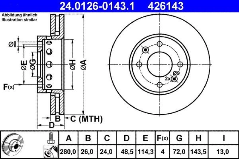 Image of ATE 24.0126-0143.1 Brake disc Vented, Coated, Alloyed/High-carbon, with bolts/screws Brake Disc (82)