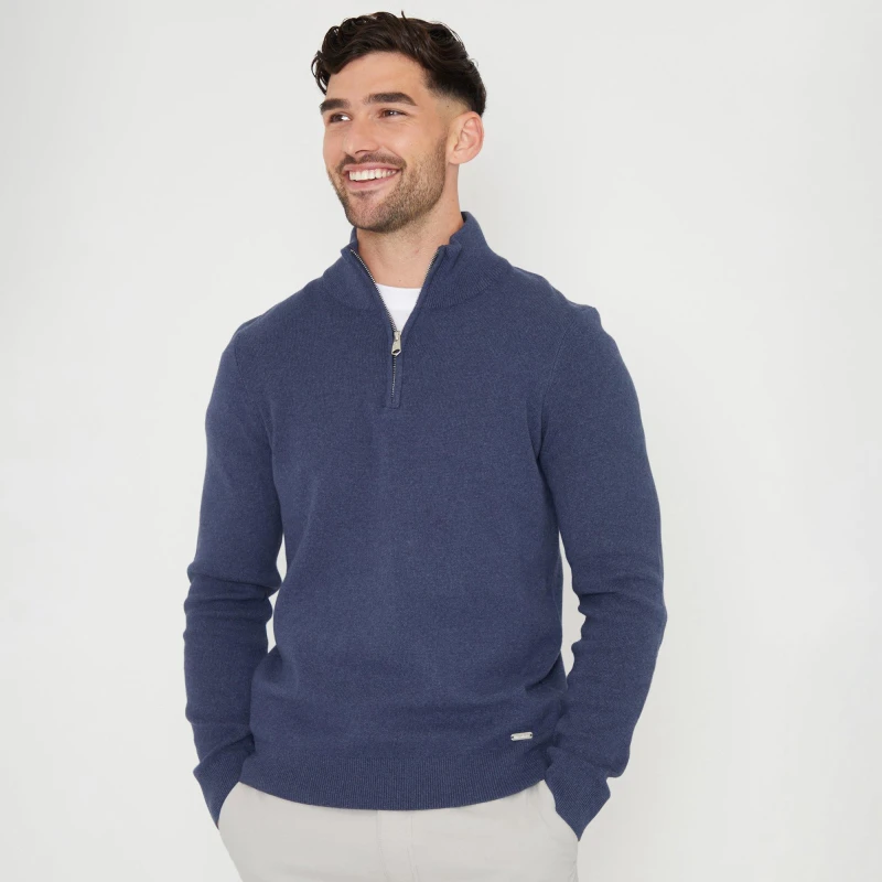 Image of Threadbare Threadbare Men 'Hazelbank' Cotton Blend Knitted Quarter Zip Jumper in Blue Size: Small Blue S Male 7625915010642