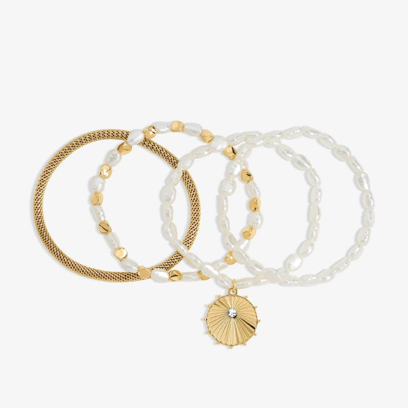 Image of Mood Gold Pearl Charm Stretch Bracelet - Pack of 4 Gold female One Size