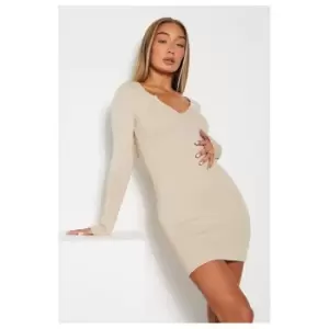 Image of I Saw It First Cotton Rib Notch Front Mini Dress - Brown