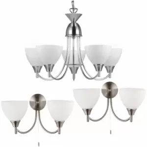 image of 5 Lamp Ceiling & 2x Twin Wall Light Pack Satin Chrome Glass Matching Fittings