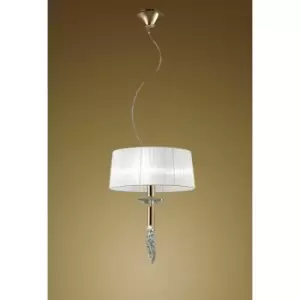 image of Tiffany pendant light 3+1 E27+G9 bulb, gold with white lampshade & transparent crystal