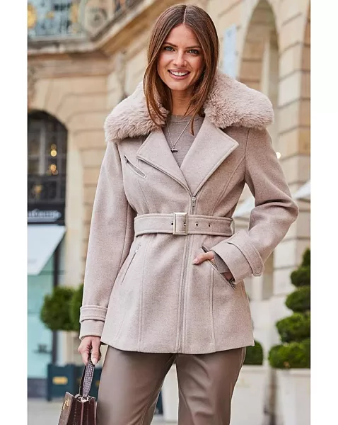 image of Sosandar Wool Mix Coat With Faux Fur