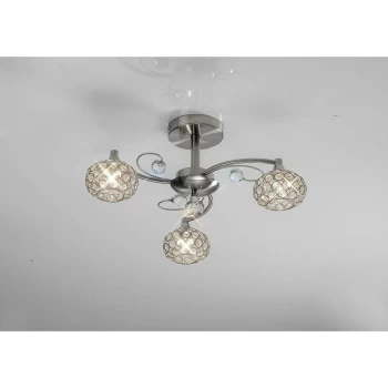 Image of Cara semi-ceiling light 3 bulbs satin nickel / crystal