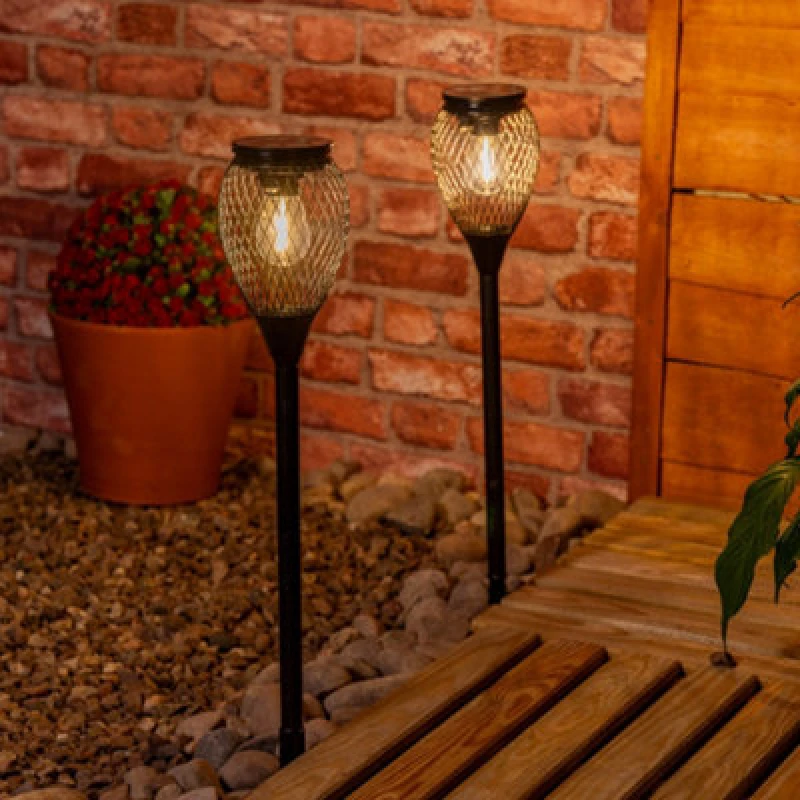 Image of ValueLights ValueLights Black Metal Cage Solar Powered Outdoor Spike Lights 2 Pack Garden Stake Lamp Black 2 Pack Unisex 5016529270874
