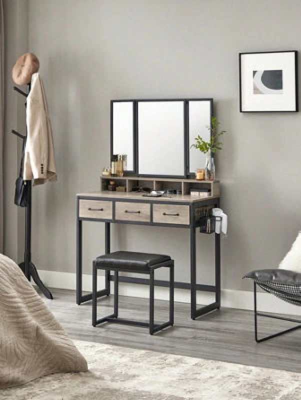 Image of Songmics Vasagle Vasagle, Dressing Table With 3 Piece Folding Mirror, Hairdryer Holder, Cosmetic Table With Padded Stool, 3 Drawers