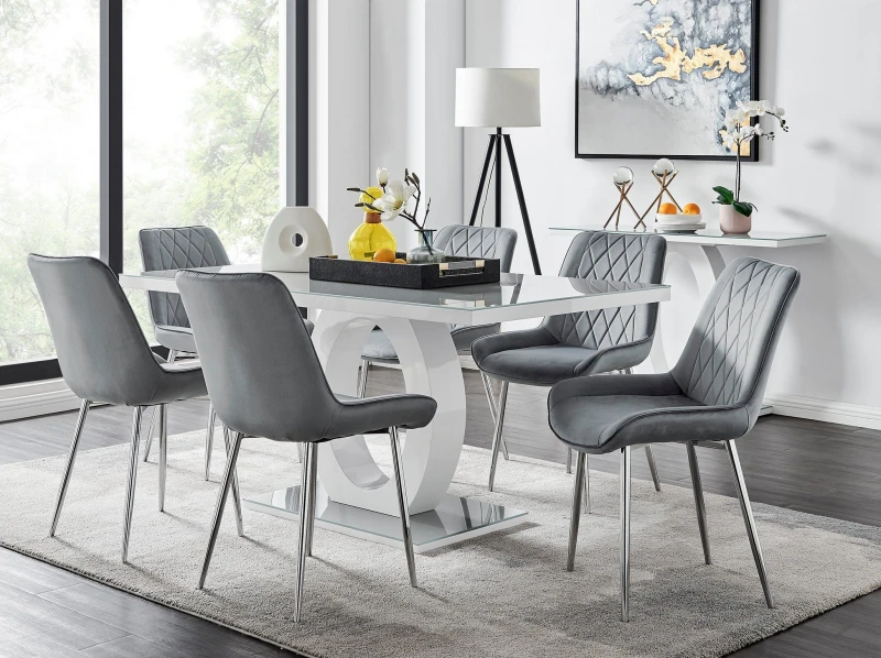 Image of FurnitureboxUK FurnitureboxUK Giovani 6-Seater Grey Glass Dining Table and 6 Pesaro Soft Velvet Dining Chairs Grey One Size Unisex 5056542650802
