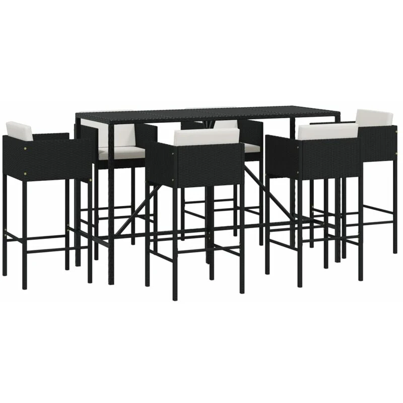 Image of vidaXL 7 Piece Garden Bar Set with Cushions Black Poly Rattan, Black 3203934