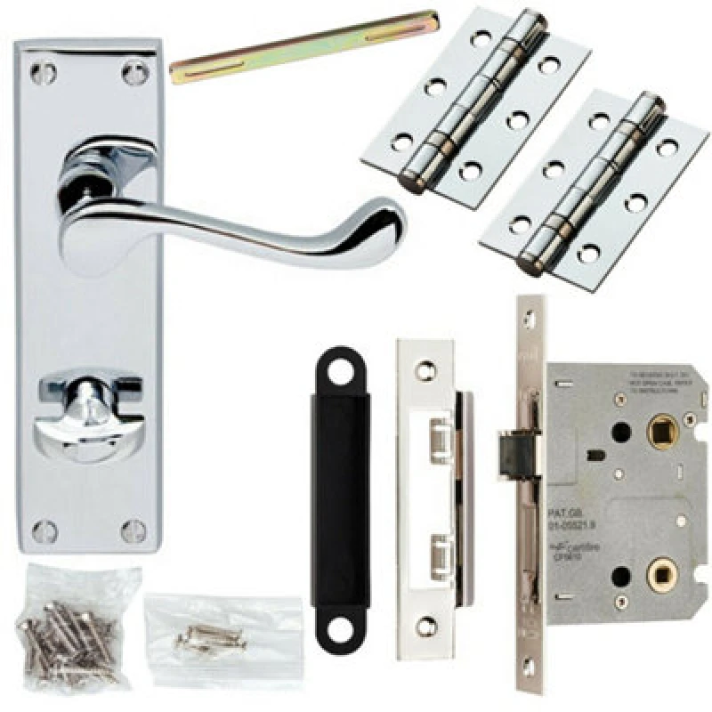 Image of Loops Door Handle & Bathroom Lock Pack Chrome Victorian Scroll Thumb Turn Backplate Multi