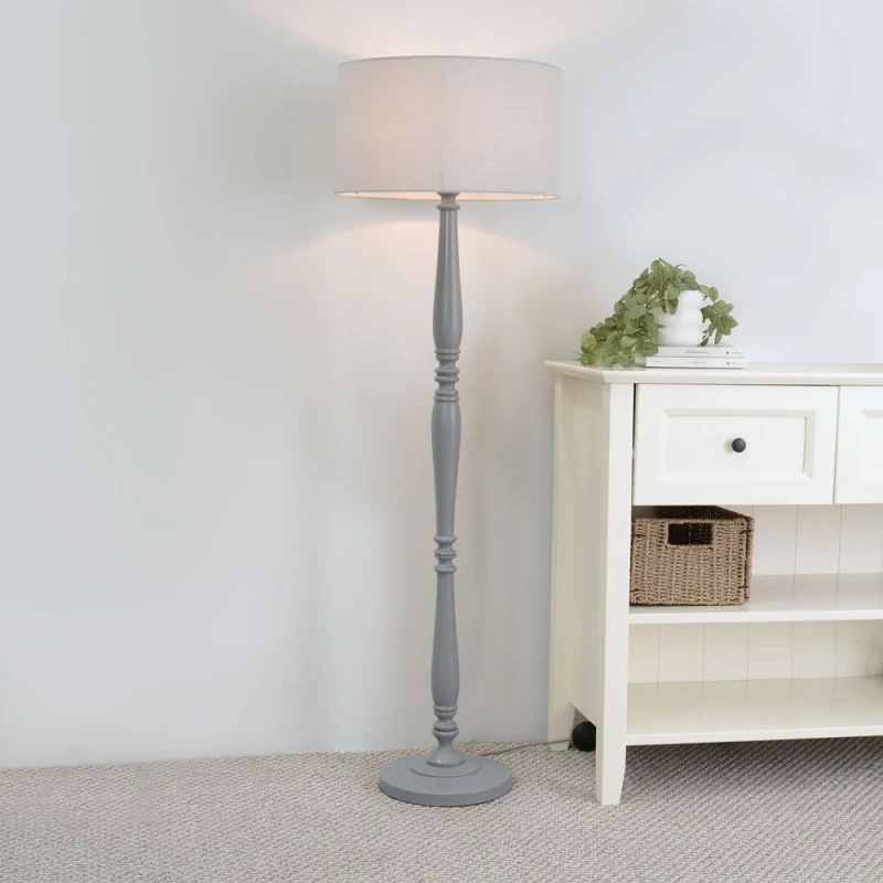 Image of ValueLights Victoria Grey Wood Traditional Stem Floor Lamp with Fabric Drum Shade Grey