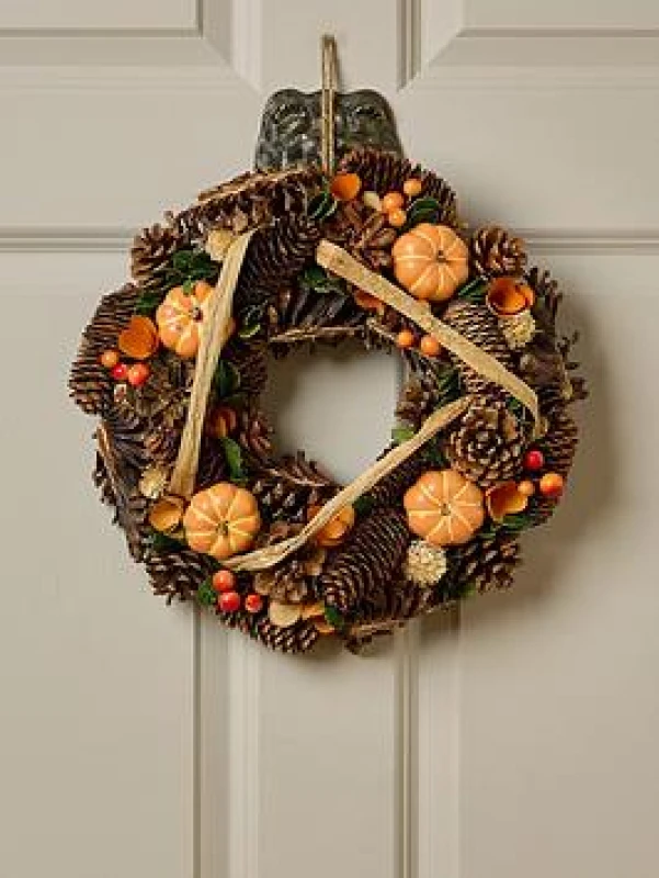 Image of 36cm Hanging Artificial Harvest Home Autumn Wreath with Pinecones and Pumpkins