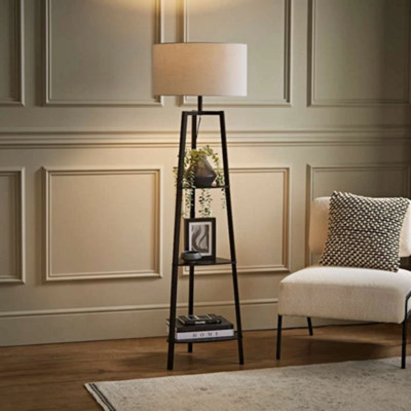 Image of ValueLights Hiru Black 3 Tier Wooden Shelf Floor Lamp With Large Grey Shade Black