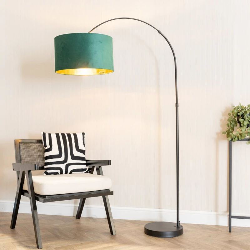 Image of ValueLights ValueLights Louis Black Arched Floor Lamp with Velvet Drum Metallic Gold Inner Shade & Bulb in Bottle Green Bottle Green One Size Unisex 5