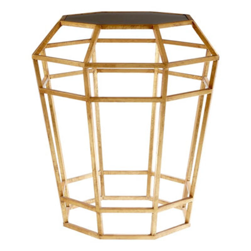 Image of Premier Housewares Geomatric Drum Shaped Table, Stylish Small Table With Octagonal Black Glass Top, Gold Prismatic Side Table Gold
