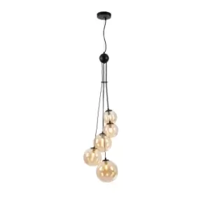 Image of Marshall Ceiling Pendant, 5 Light G9, Satin Black, Amber Plated Glass