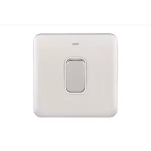 image of Schneider Electric Lisse Screwless Deco - Single Light Switch, Double Pole, with Neon Indicator, 50A, GGBL4011WSS, Stainless Steel with White Insert