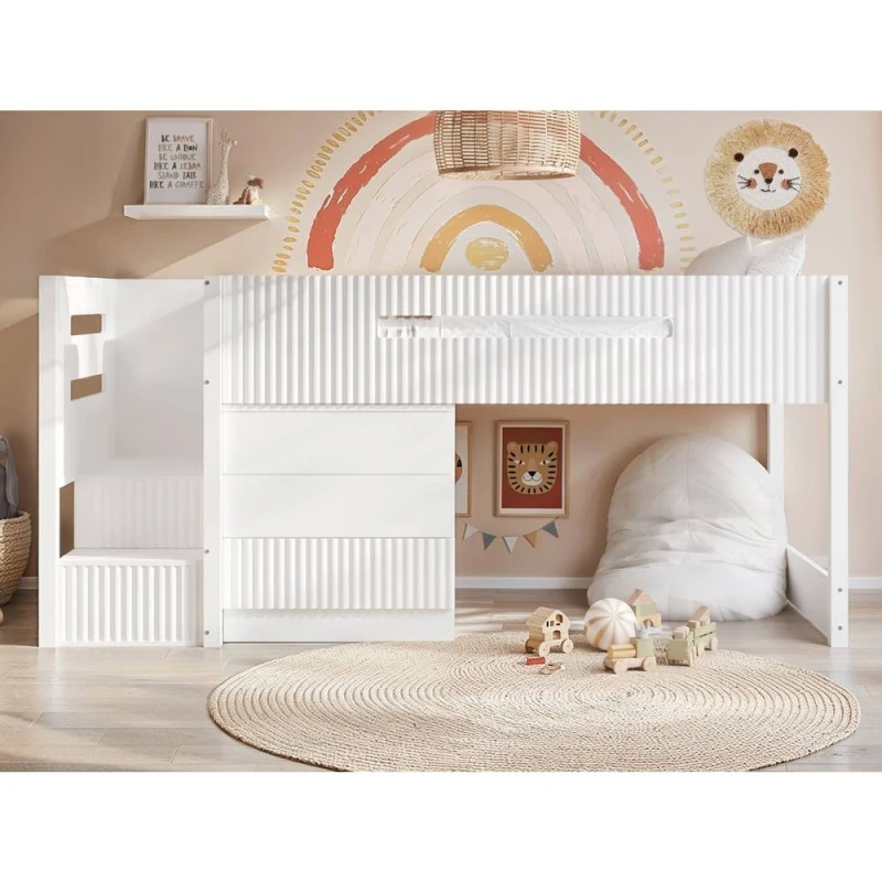 Image of Flair Luca Ribbed Mid Sleeper with 3 Drawer Chest in White Size: Single White Unisex Single