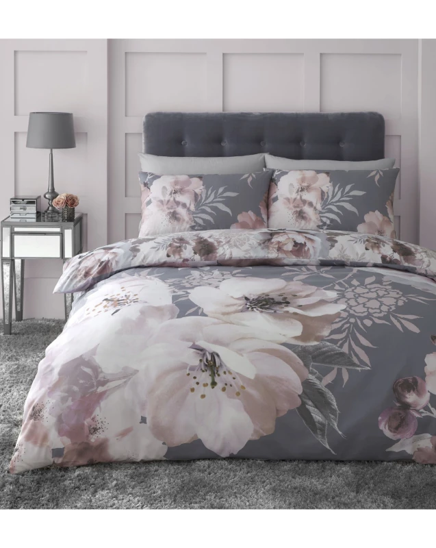 Image of Catherine Lansfield Dramatic Floral Silver Duvet Cover Set Grey - Catherine Lansfield - Size: DOUBLE Grey DOUBLE XC28408