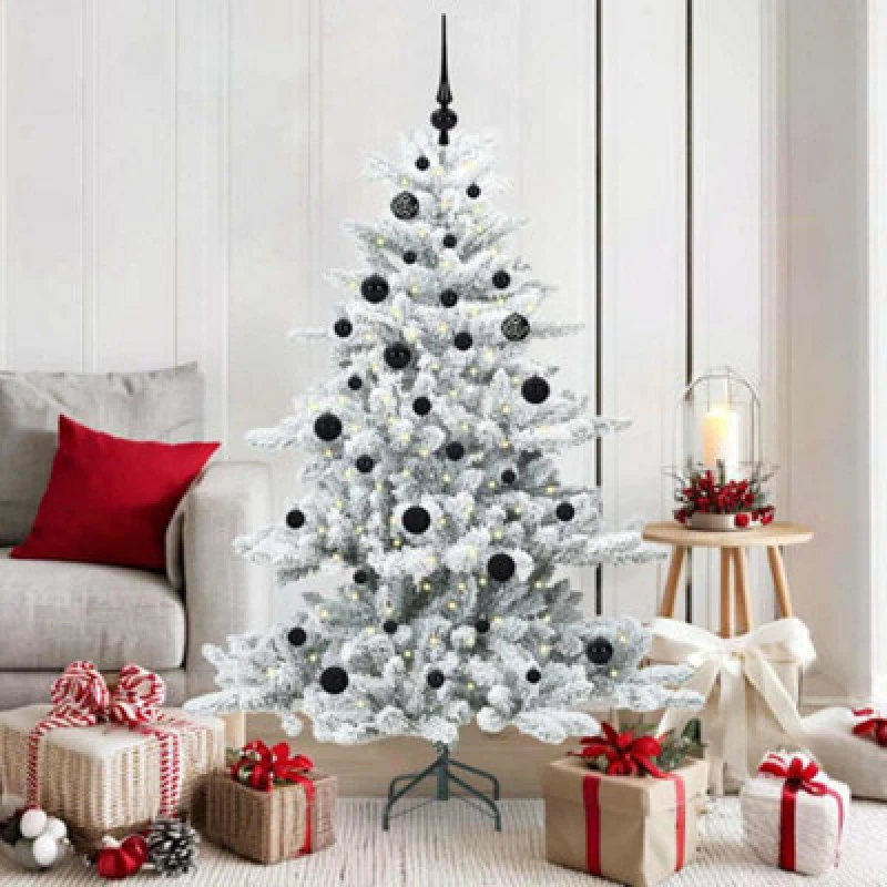 Image of vidaXL Artificial Hinged Christmas Tree with 150 LEDs, Black Balls Snow Flocked 150cm PVC, Green 3397706