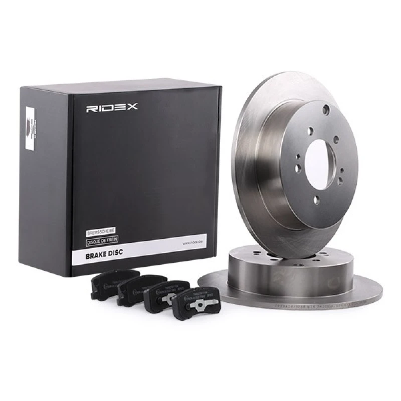 Image of RIDEX 3405B0123 Brake disc and pads set Rear Axle, Brake Disc Type: Solid Brake Set,disc brakes (3405)