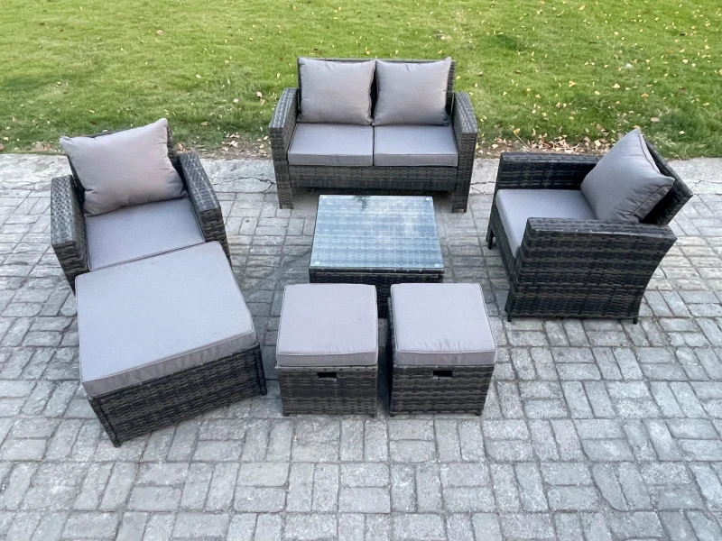 Image of Fimous Rattan Wicker Garden Furniture Patio Conservatory Sofa Set with Square Coffee Table Armchair 2 Seater Sofa 3 Footstools in Dark Grey Dark Grey