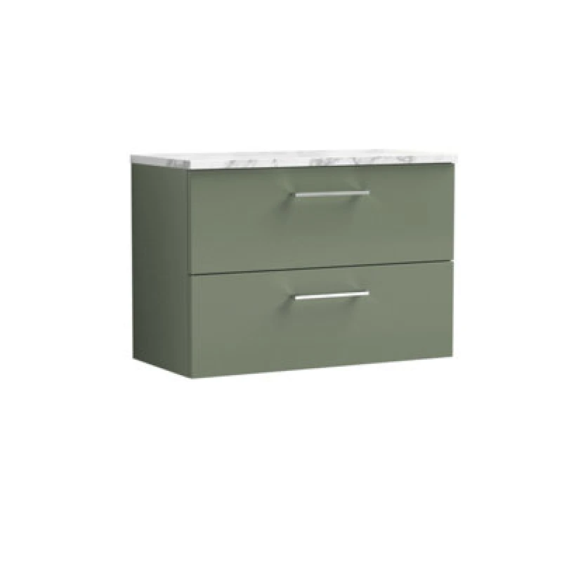 Image of NUIE Nuie - Arno Wall Hung 2-Drawer Vanity Unit with Carrera Marble Worktop 800mm Wide - Satin Green ARN826LCM
