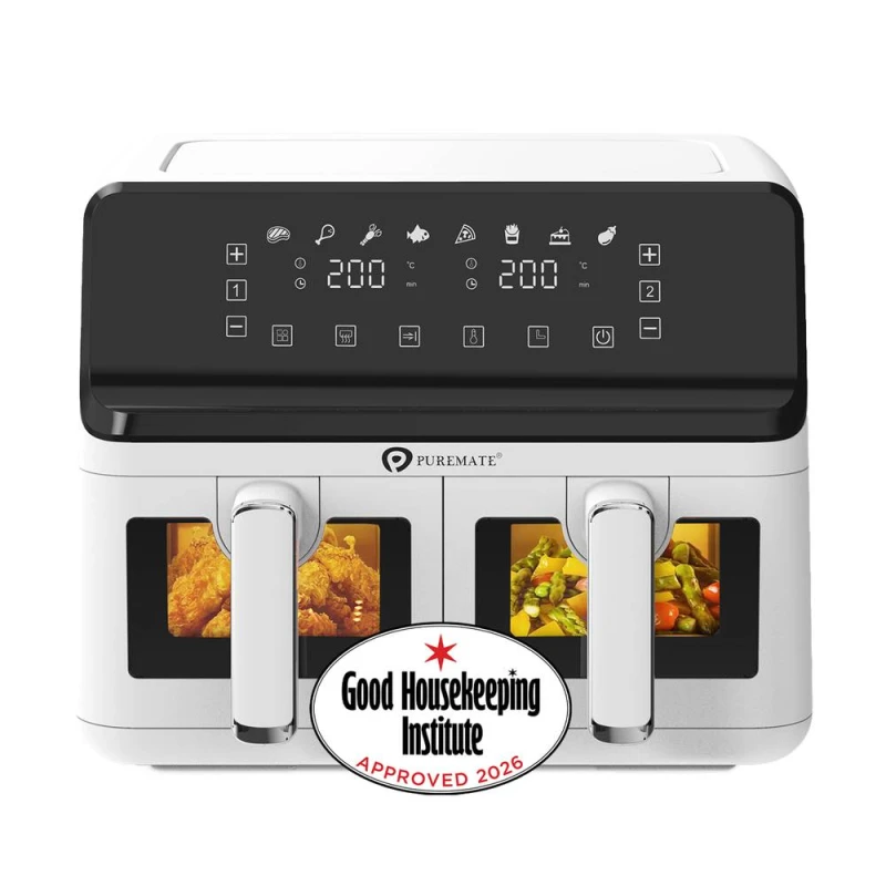 Image of PureMate 9L Dual Air Fryer with Digital Display, Healthy, Oil Free Dual Basket in White Size: 1 Pack White Unisex 1 Pack