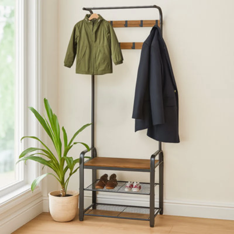 Image of Harbour Housewares Curved Hallway Coat Rack With Shoe Bench - Black Frame & Brown Wood