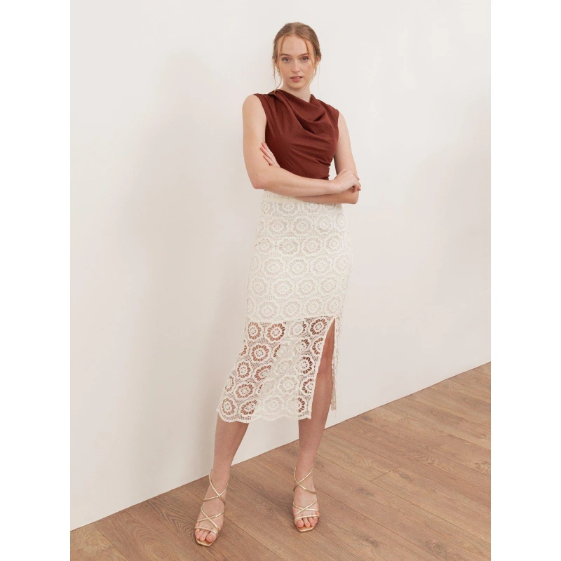 Image of Lovedrobe Lovedrobe Cream Crochet Lace Midi Skirt Cream female 14 (L)