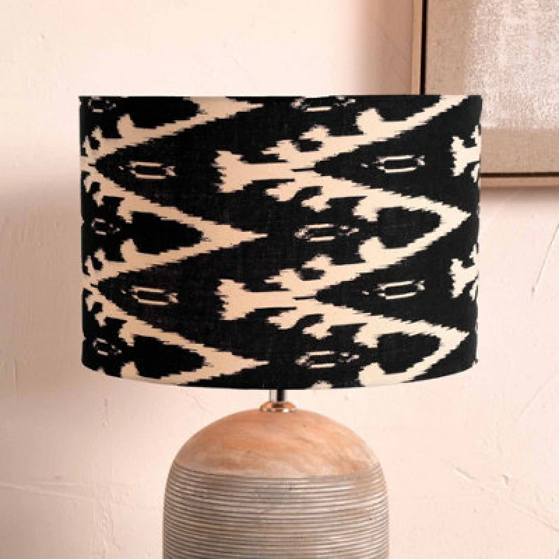 Image of Ruma Black Ikat Patterned Cylinder Lampshade for Table Lamps Black