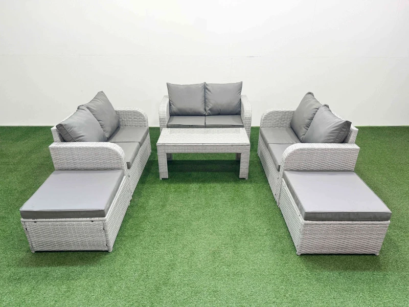 Image of Fimous 8 Seater PE Wicker Rattan Furniture Sofa Sets with Oblong Coffee Table 2 Seater Love Sofa 2 Big Footstool Light Grey Light Grey