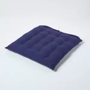 image of HOMESCAPES Navy Blue Plain Seat Pad with Button Straps 100% Cotton 40 x 40 cm