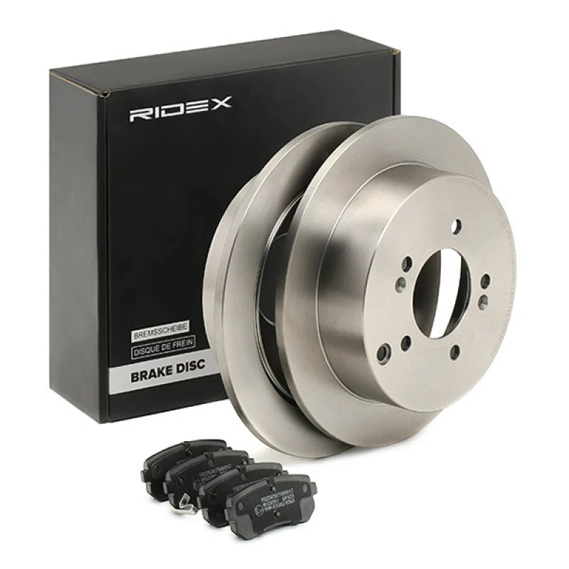 Image of RIDEX 3405B1469 Brake disc and pads set Rear Axle, Brake Disc Type: Solid, with acoustic wear warning Brake Set,disc brakes (3405)