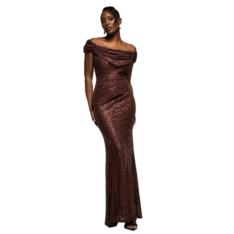 Image of Goddiva Womens Cap Sleeve Iridescent Sequin Cowl Maxi Dress in Brown Size: 16 Brown Female 16