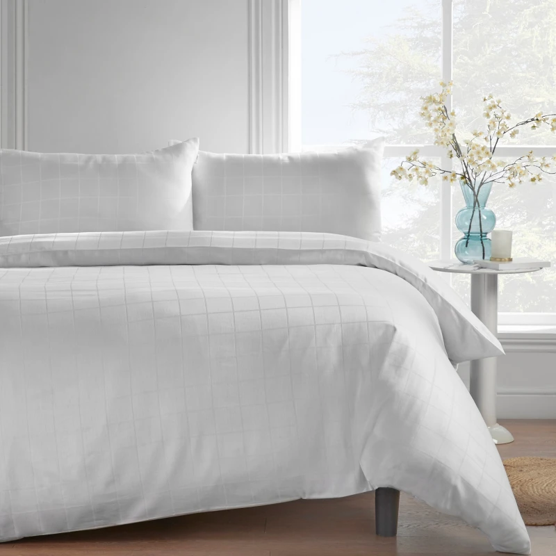 Image of Catherine Lansfield '300 Thread Count Cotton Rich Woven Check' Fitted Sheet White
