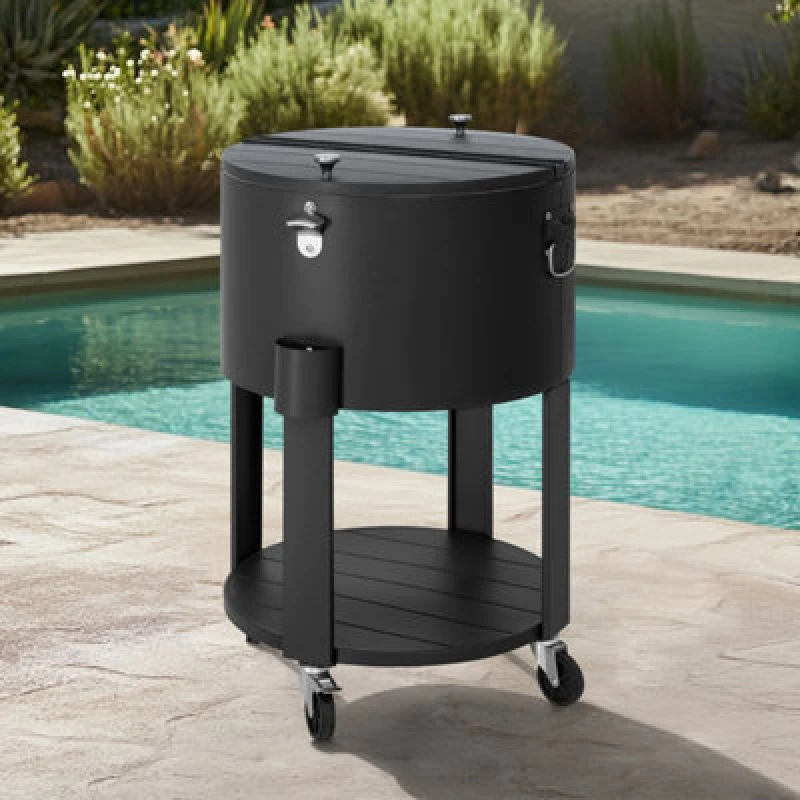 Image of Sunjoy 60 Quart Rooling Ice Chest Cooler Cart, Portable Patio Party Bar Drink Cooler Cart, Black