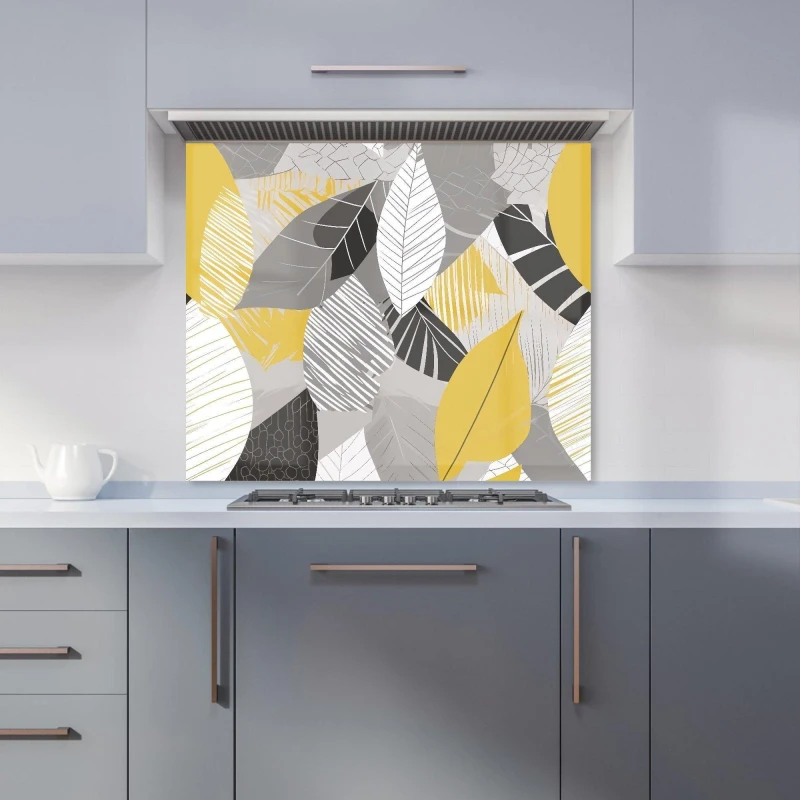 Image of Warren Reed - Designer Grey Yellow Autumn Leaves Kitchen Splashback Size: 600mm x 750mm Yellow Unisex 600mm x 750mm