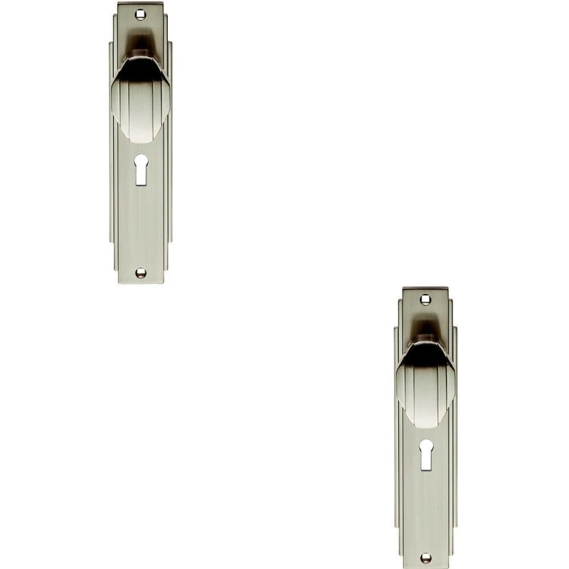Image of Loops 2x PAIR Line Detailed Door Knob on Lock Backplate 205 x 45mm Satin Nickel Metallics